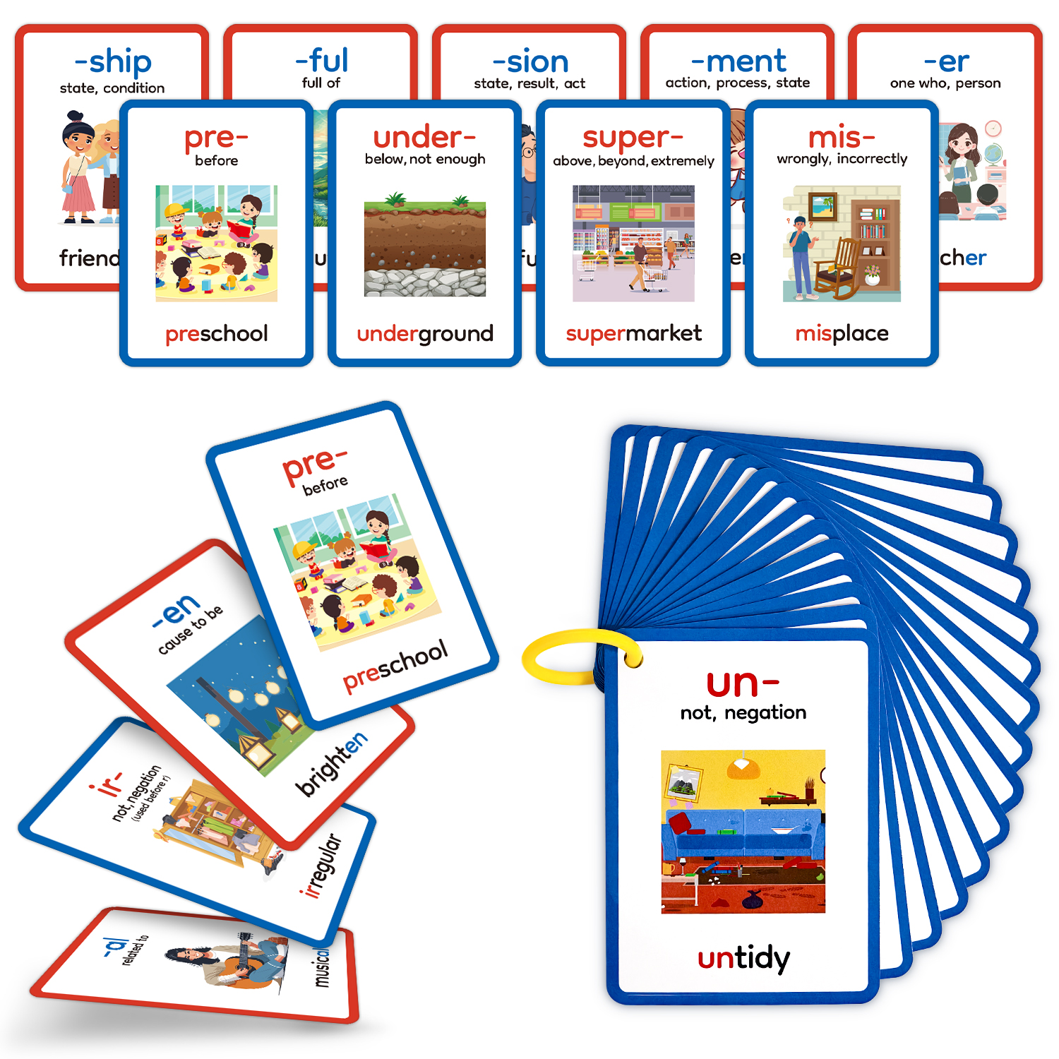 Educational Flash Card - 15pcs Double-Sided Prefixes and Suffixes Learning